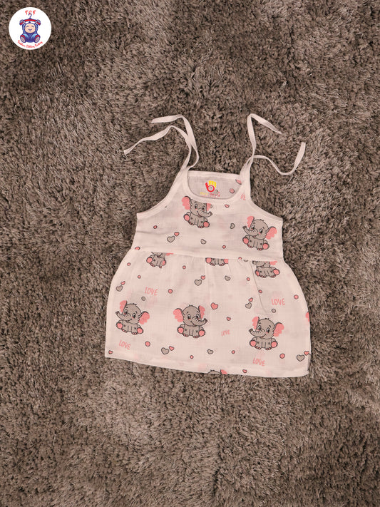 White Multi Cartoons Muslin Top Knot Frocks