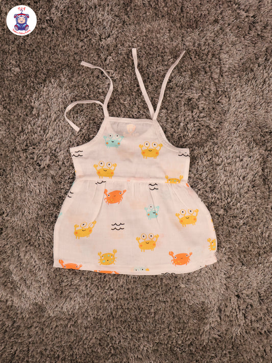 White Multi Cartoons Muslin Top Knot Frocks