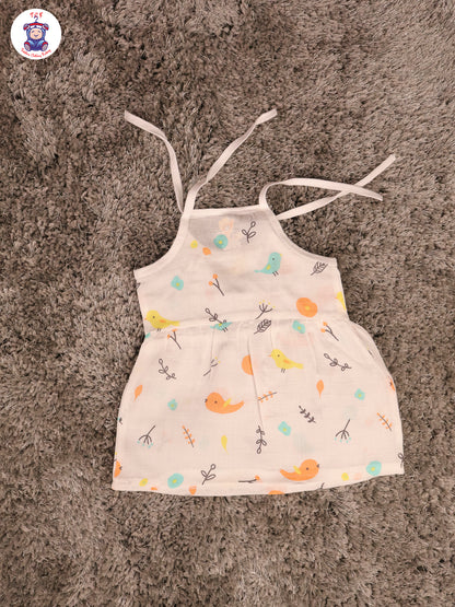White Multi Cartoons Muslin Top Knot Frocks