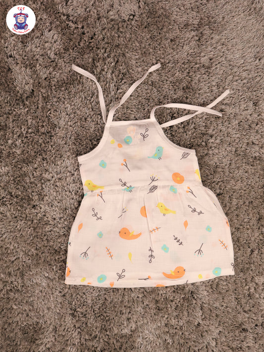 White Multi Cartoons Muslin Top Knot Frocks