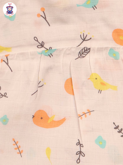 White Multi Cartoons Muslin Top Knot Frocks