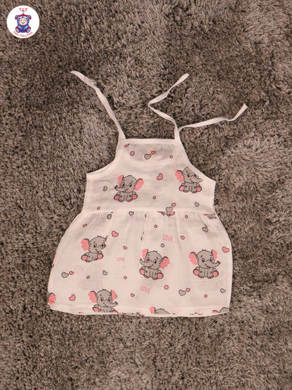 White Multi Cartoons Muslin Top Knot Frocks