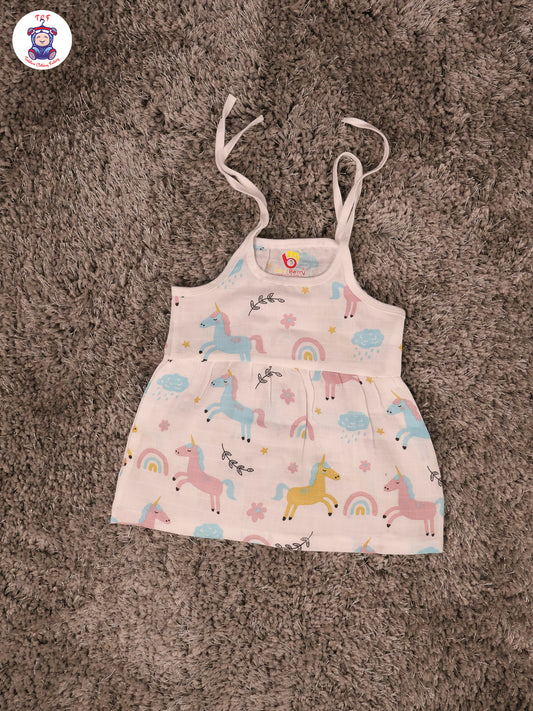 White Multi Cartoons Muslin Top Knot Frocks