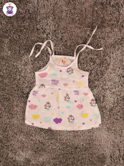 White Multi Cartoons Muslin Top Knot Frocks