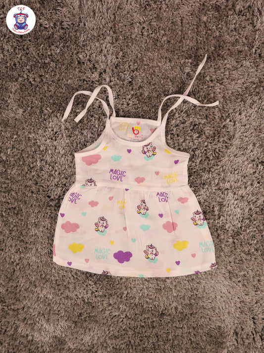 White Multi Cartoons Muslin Top Knot Frocks