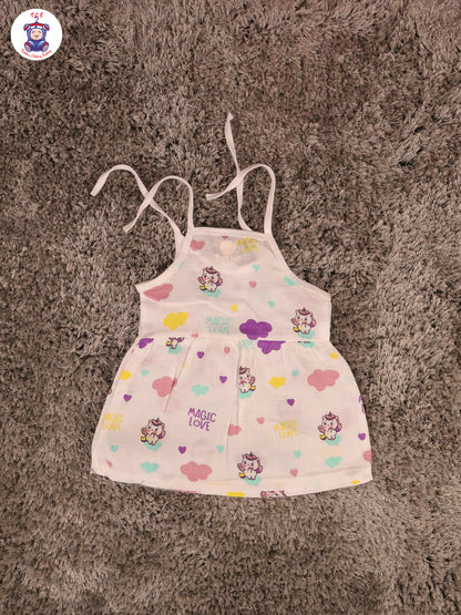 White Multi Cartoons Muslin Top Knot Frocks