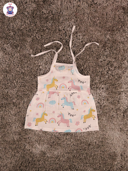 White Multi Cartoons Muslin Top Knot Frocks