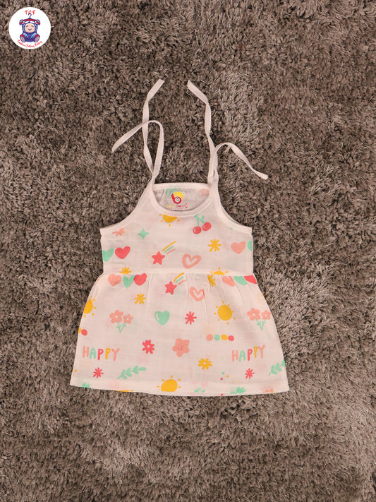 White Multi Cartoons Muslin Top Knot Frocks