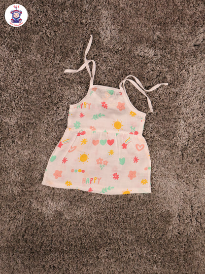 White Multi Cartoons Muslin Top Knot Frocks