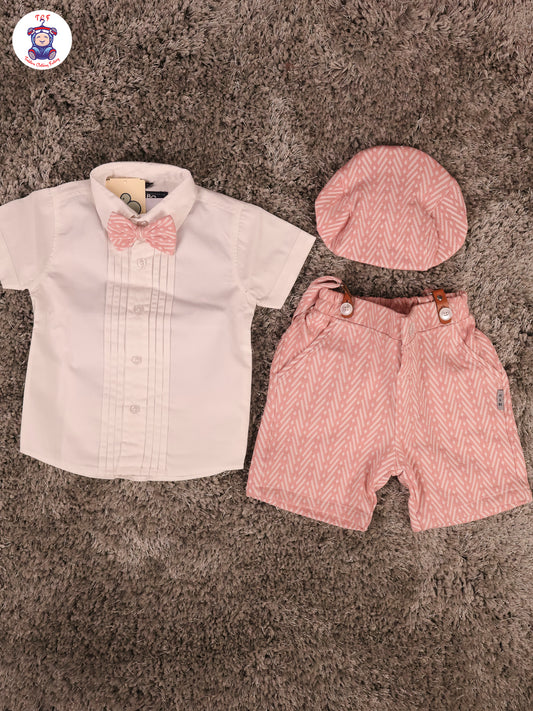 White & Pink Half Sleeves Shirts & Shorts Set With Suspender & Bow