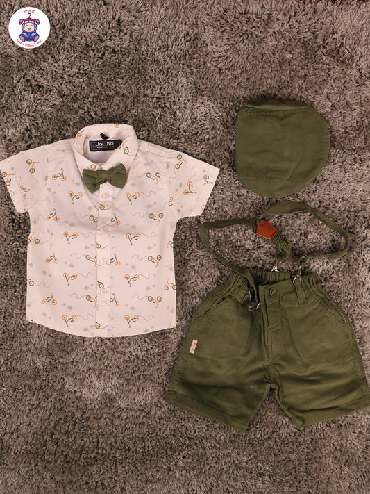 White & Green Half Sleeves Shirts & Shorts Set With Suspender & Bow