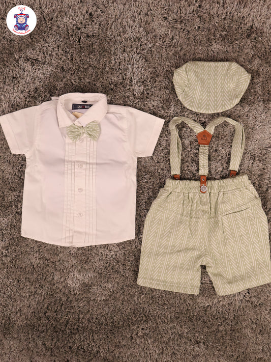 White & Green Half Sleeves Shirts & Shorts Set With Suspender & Bow