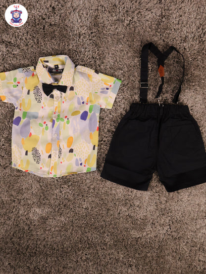 Blue & Black Half Sleeves Shirts & Shorts Set With Suspender & Bow