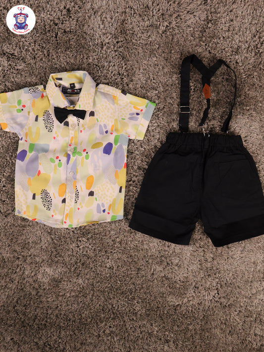 Blue & Black Half Sleeves Shirts & Shorts Set With Suspender & Bow