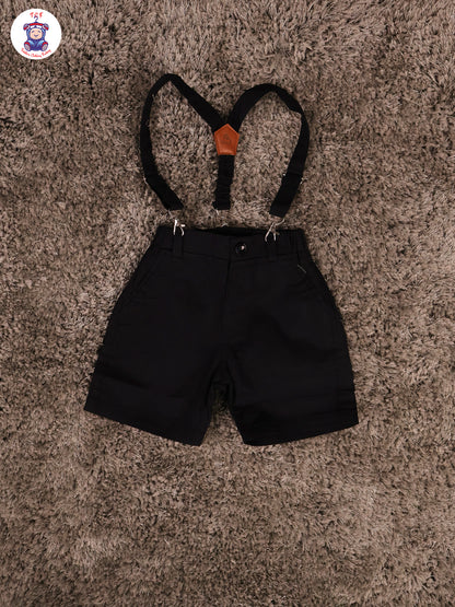 Blue & Black Half Sleeves Shirts & Shorts Set With Suspender & Bow