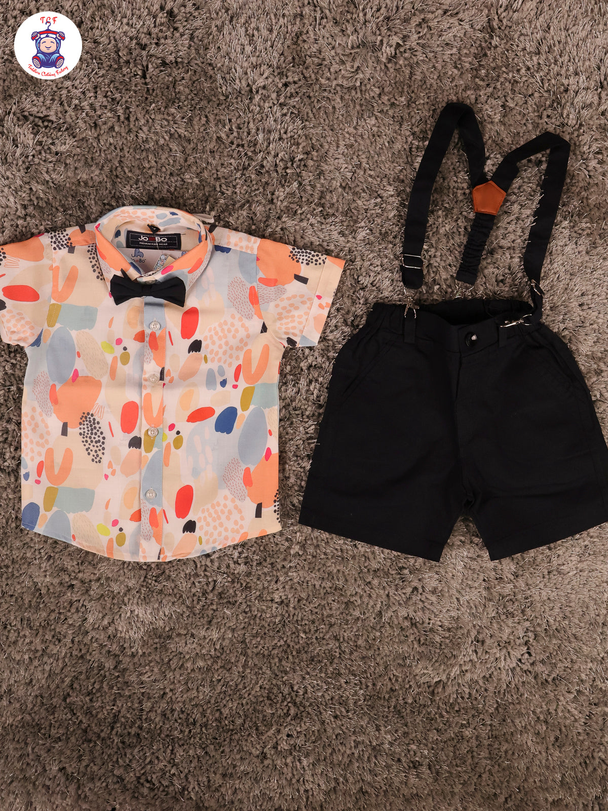 Orange & Black Half Sleeves Shirts & Shorts Set With Suspender & Bow