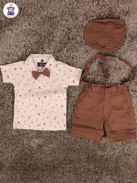White & Coffee Half Sleeves Shirts & Shorts Set With Suspender & Bow