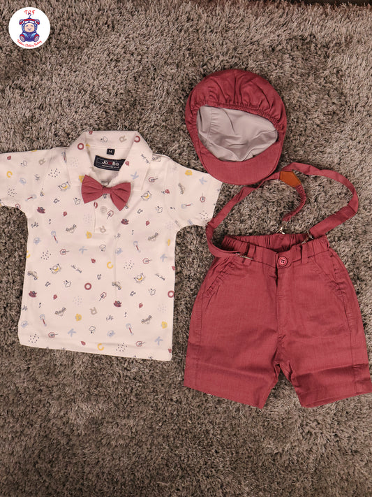 White & Onion Pink Half Sleeves Shirts & Shorts Set With Suspender & Bow