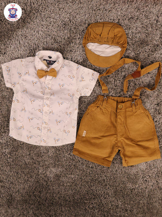 White & Brown Half Sleeves Shirts & Shorts Set With Suspender & Bow