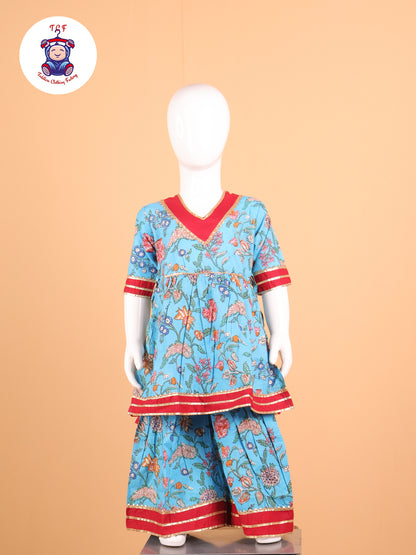 Sky Blue & Red - Floral Printed A-Line Kurti Set