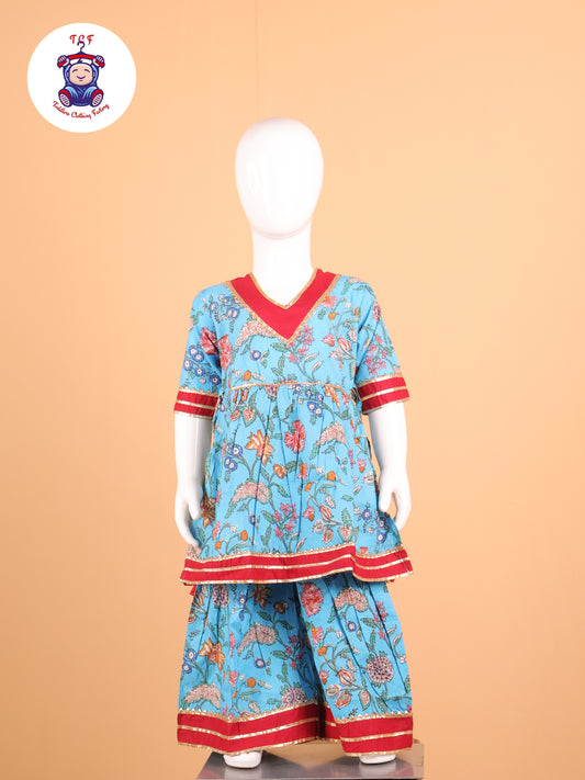Sky Blue & Red - Floral Printed A-Line Kurti Set