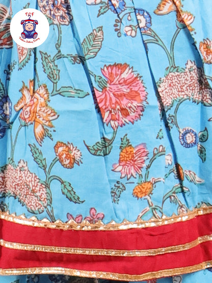 Sky Blue & Red - Floral Printed A-Line Kurti Set