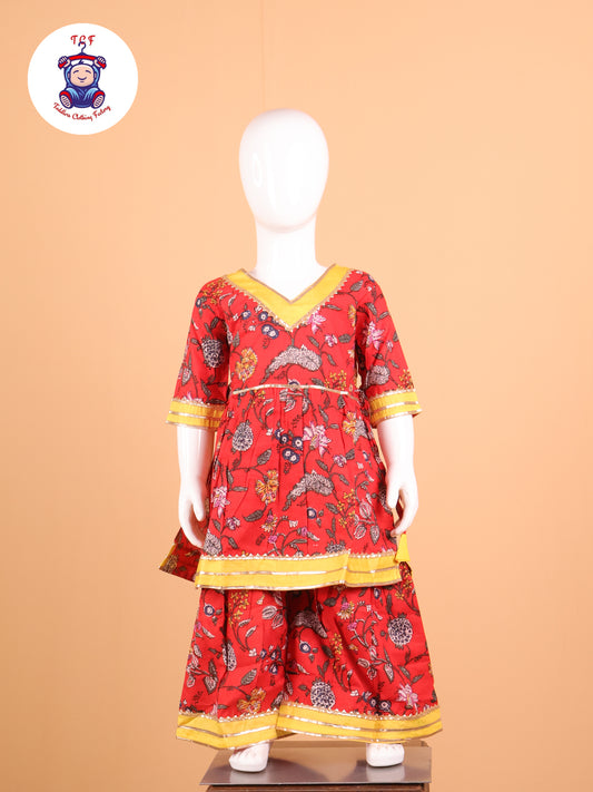 Red & Yellow - Floral Printed A-Line Kurti Set