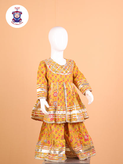 Mustard -  Floral Printed A-Line Kurti Set
