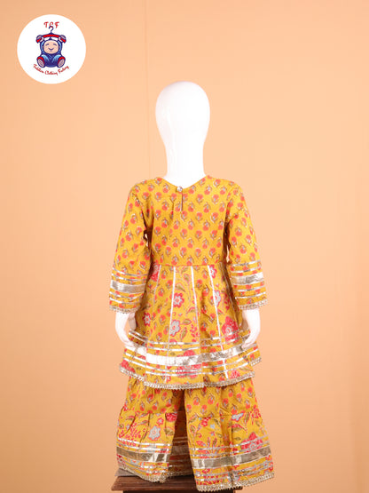 Mustard -  Floral Printed A-Line Kurti Set