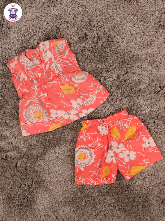 Pink - Printed Pure Cotton Top & Shorts