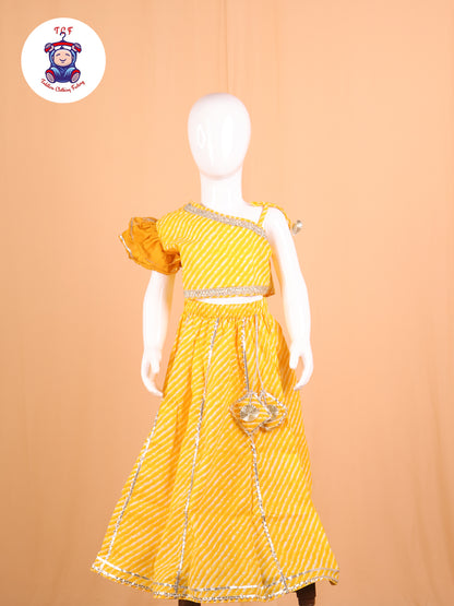 Mustard- One Shoulder Lehenga Choli With Net Dupatta