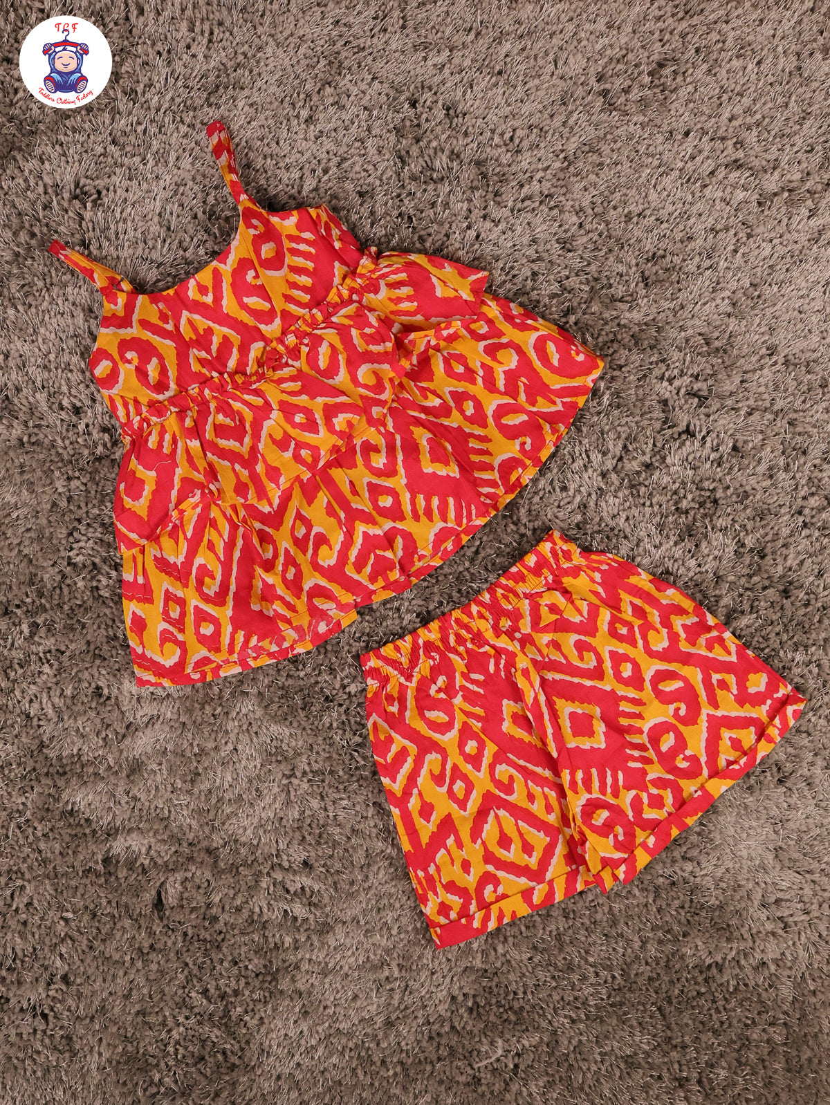 Orange & Red - Ikat Printed Flared Strappy Top & Shorts