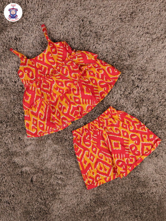 Orange & Red - Ikat Printed Flared Strappy Top & Shorts