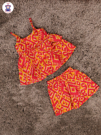 Orange & Red - Ikat Printed Flared Strappy Top & Shorts