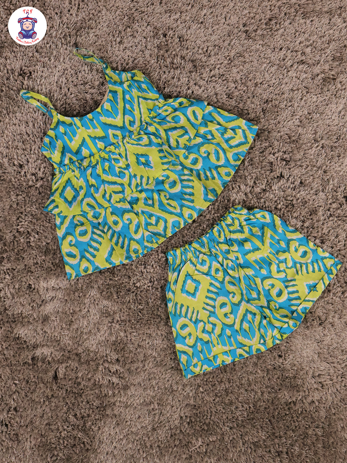 Green & Blue - Ikat Printed Flared Strappy Top & Shorts