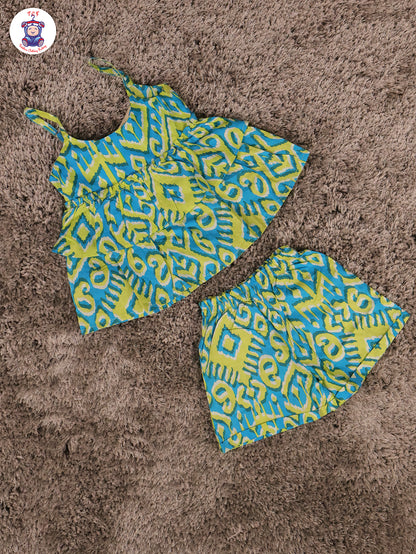 Green & Blue - Ikat Printed Flared Strappy Top & Shorts