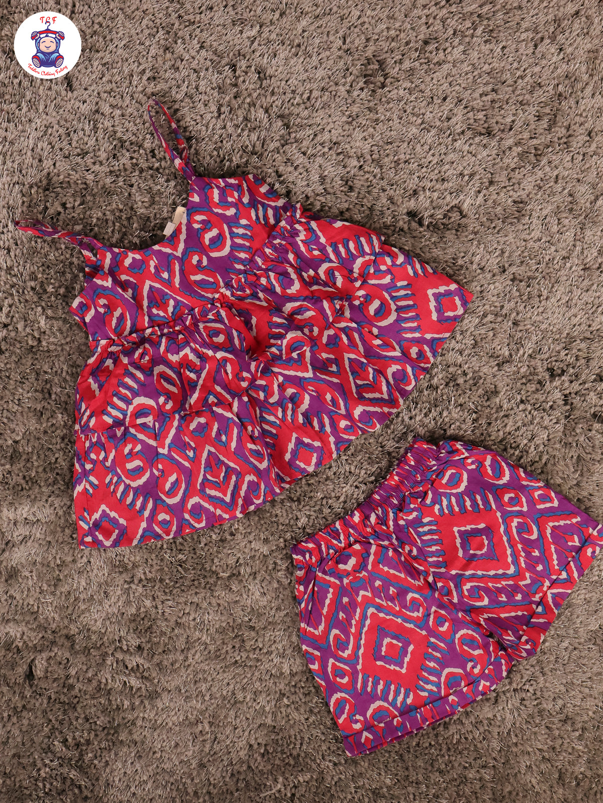 Violet & Pink - Ikat Printed Flared Strappy Top & Shorts