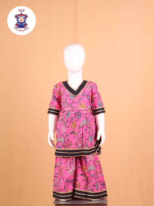 Pink & Navy Blue - Floral Printed A-Line Kurti Set