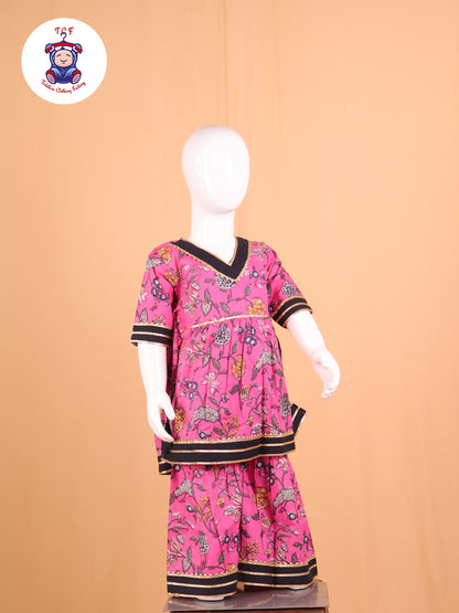 Pink & Navy Blue - Floral Printed A-Line Kurti Set