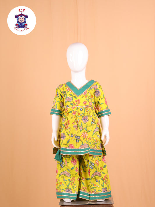 Light Green - Floral Printed A-Line Kurti Set