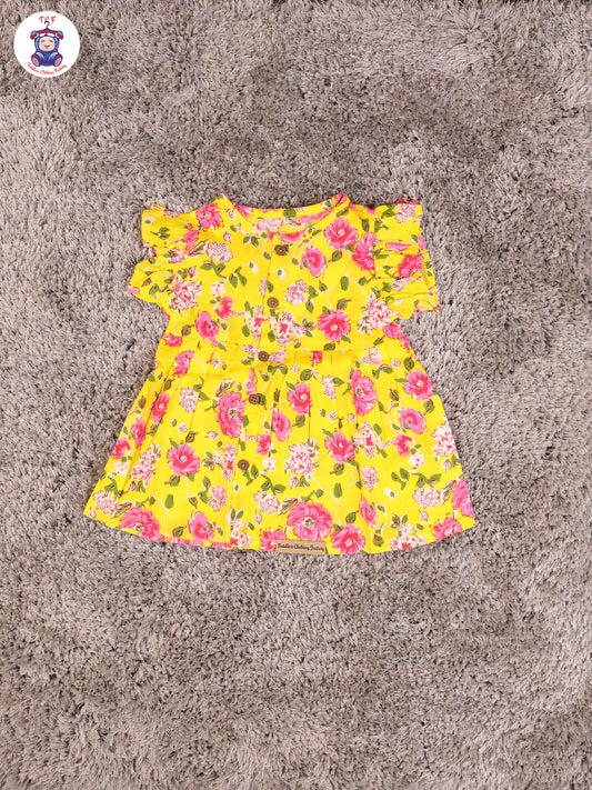 Dark Yellow & Floral - Girls Readymade Jaipuri Frocks