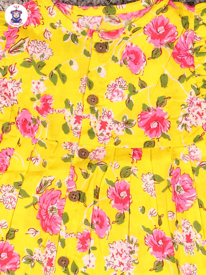 Dark Yellow & Floral - Girls Readymade Jaipuri Frocks