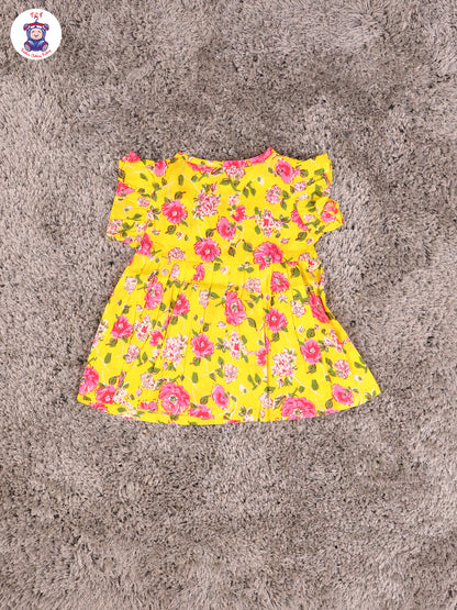 Dark Yellow & Floral - Girls Readymade Jaipuri Frocks