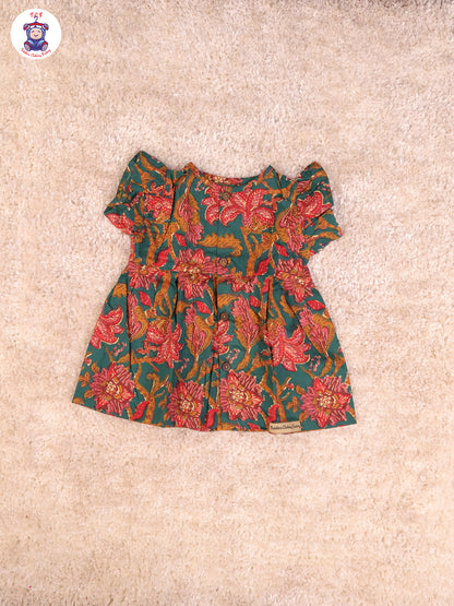 Bottle Green Floral  - Girls Readymade Jaipuri Frocks