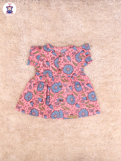 Pink & Blue Floral  - Girls Readymade Jaipuri Frocks