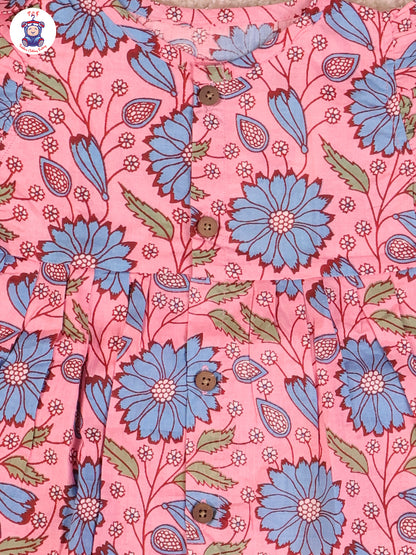 Pink & Blue Floral  - Girls Readymade Jaipuri Frocks
