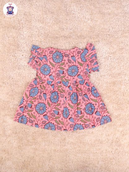 Pink & Blue Floral  - Girls Readymade Jaipuri Frocks