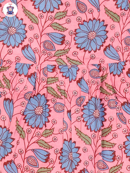 Pink & Blue Floral  - Girls Readymade Jaipuri Frocks