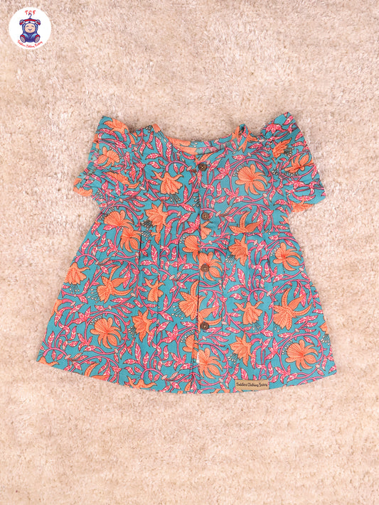 Light Blue Floral - Girls Readymade Jaipuri Frocks