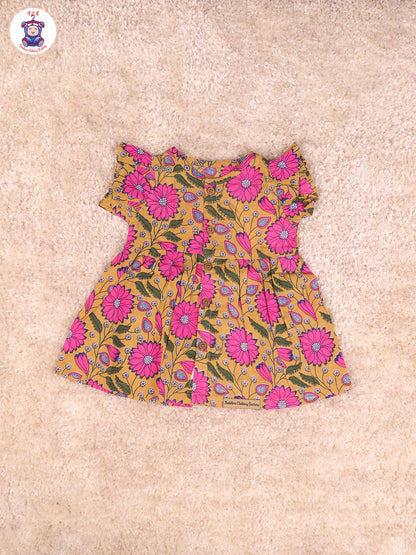 Light Mustard Floral - Girls Readymade Jaipuri Frocks
